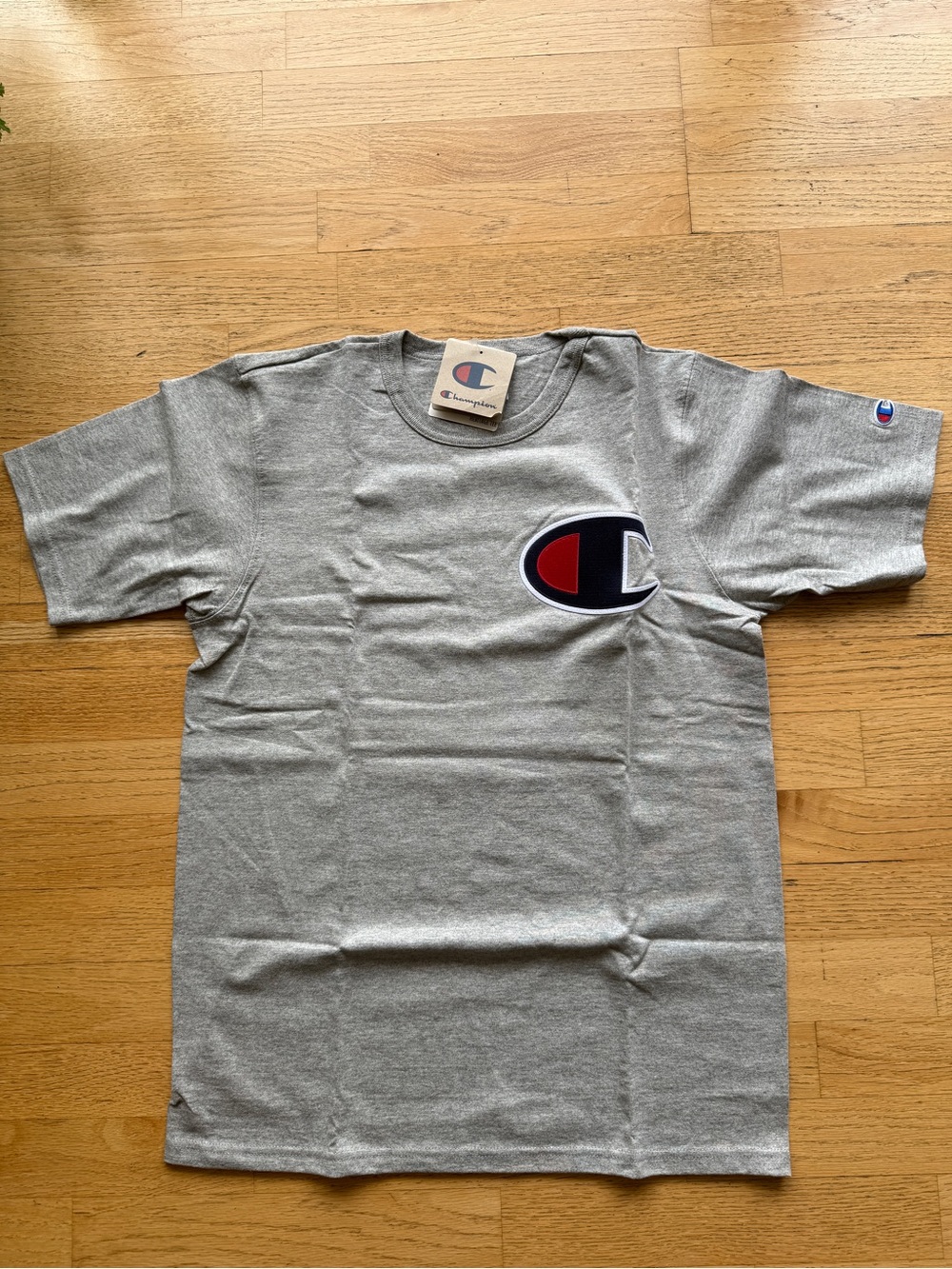 Champion Heather Gray Tee with Red & Navy Logo